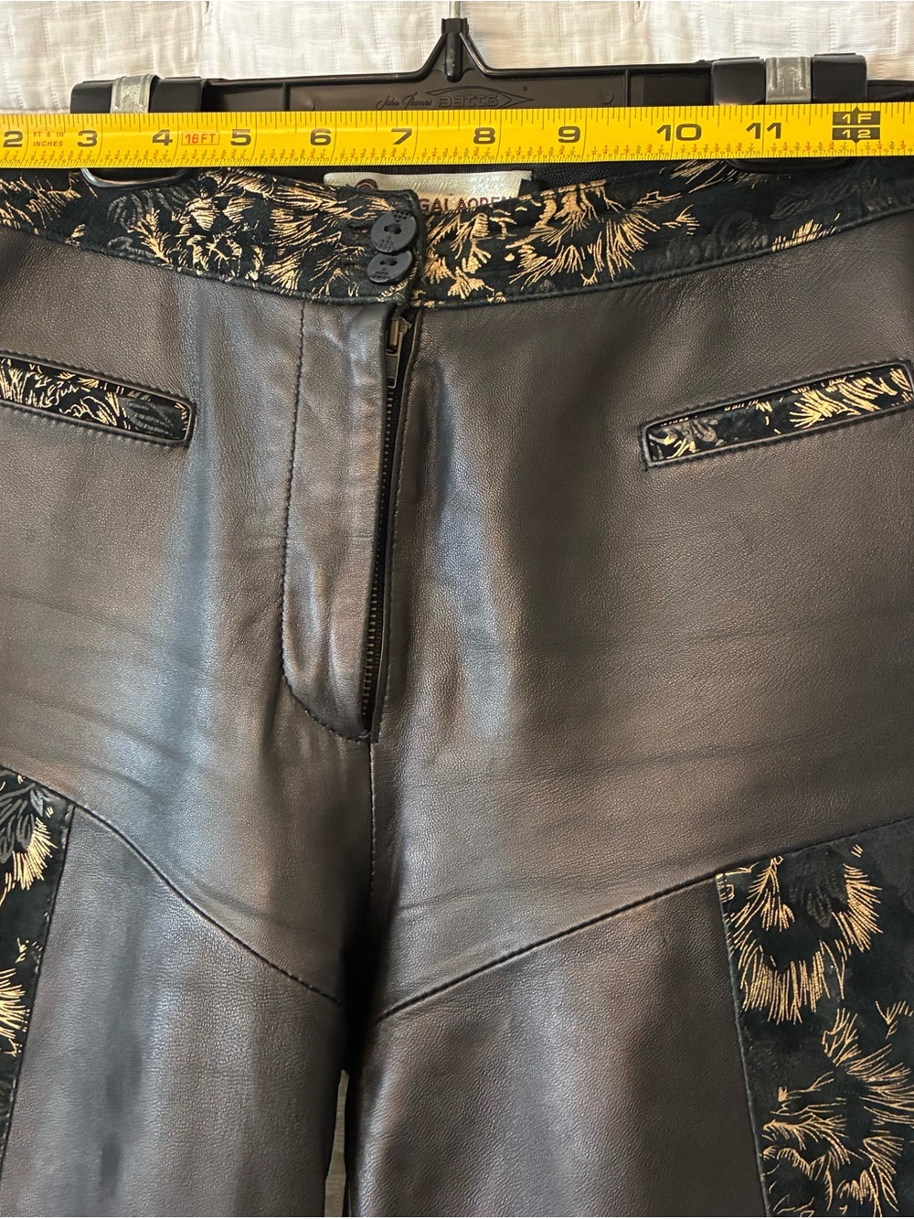 VTG Black Italian Leather Pants with Floral Brocade Side Panels - Picture 3 of 10